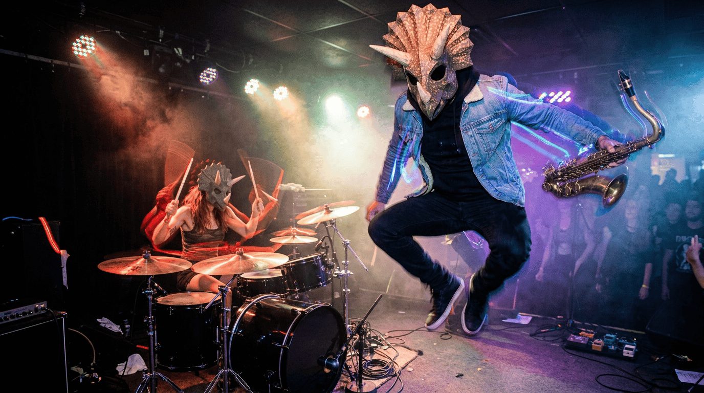 Brutalitops saxophonist mid-air