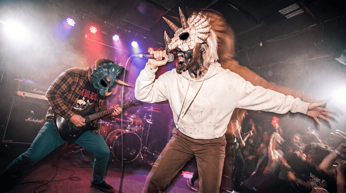 Brutalitops vocalist screaming into mic, guitarist behind